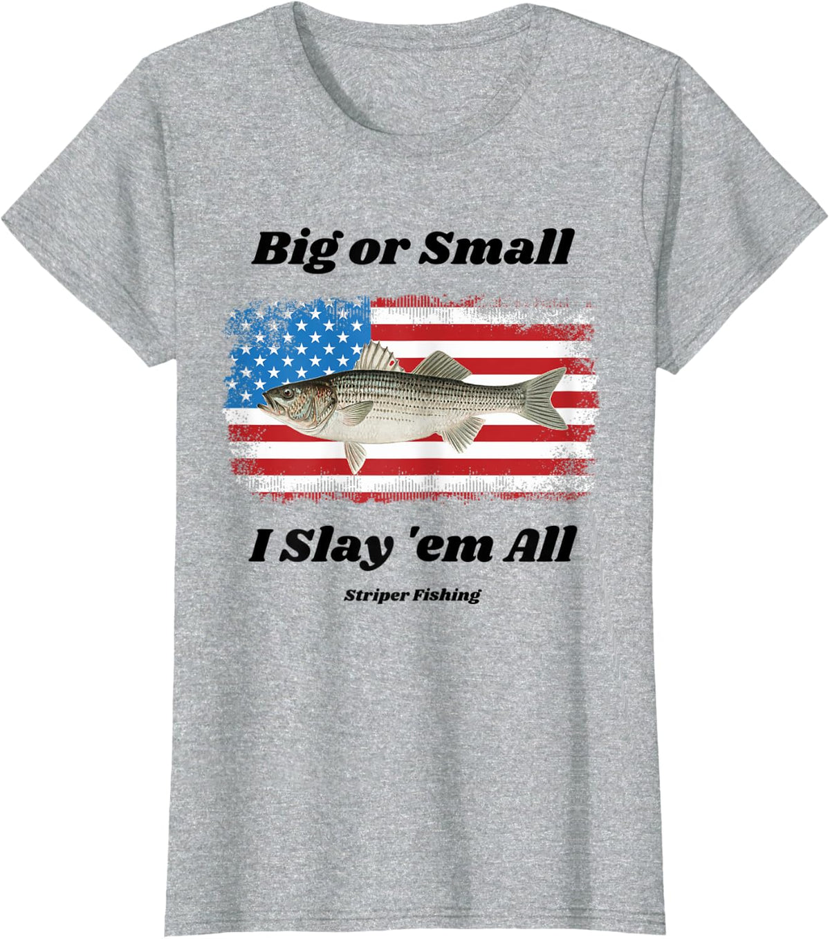 Striped Bass Fish Striper Fishing US Flag Design Fishermans T-Shirt - Heather Grey