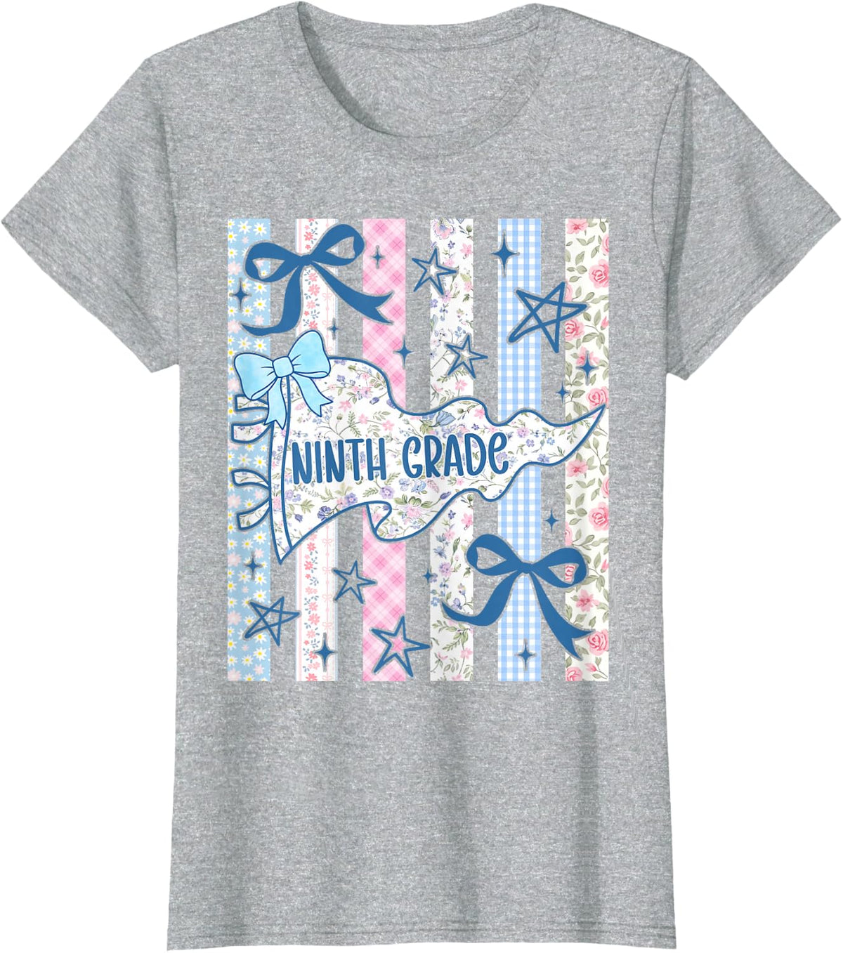 9th Grade Back to School Cute Striped Floral Bows T-Shirt - Heather Grey