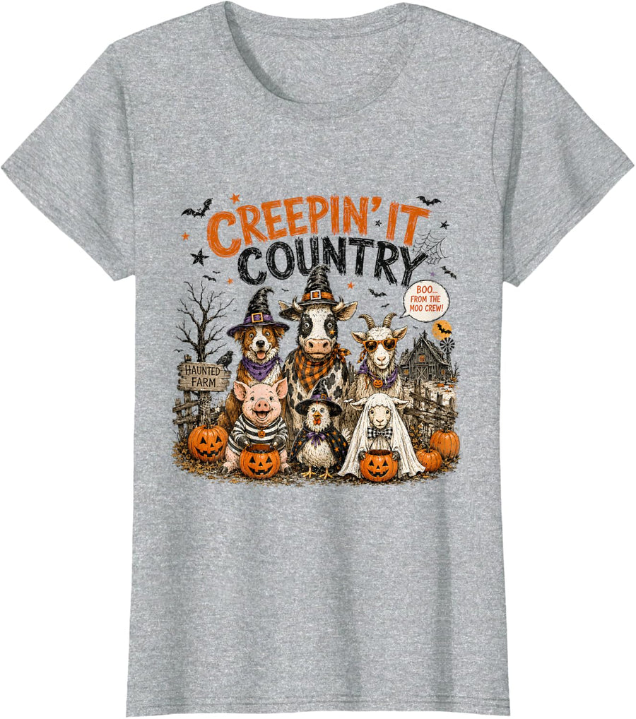 Creepin It Country Funny Farm Animals Halloween Pumpkin T-Shirt - Heather Grey