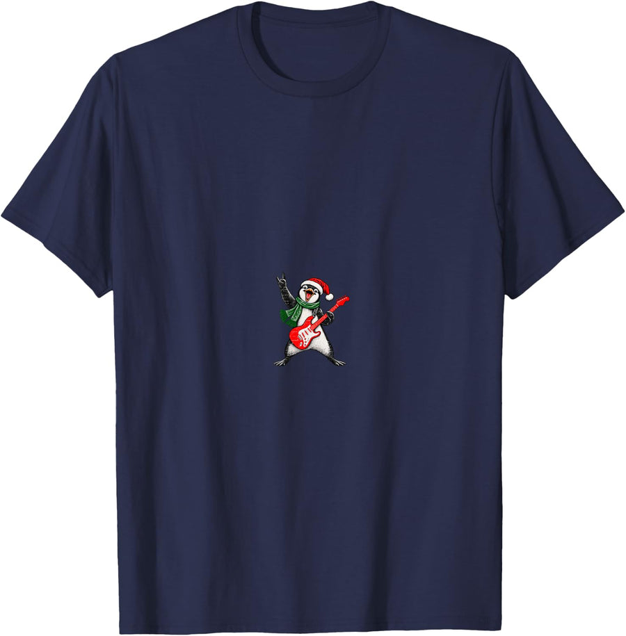 Vintage Penguin Rock Playing Guitar Funny Christmas T-Shirt - Navy Blue