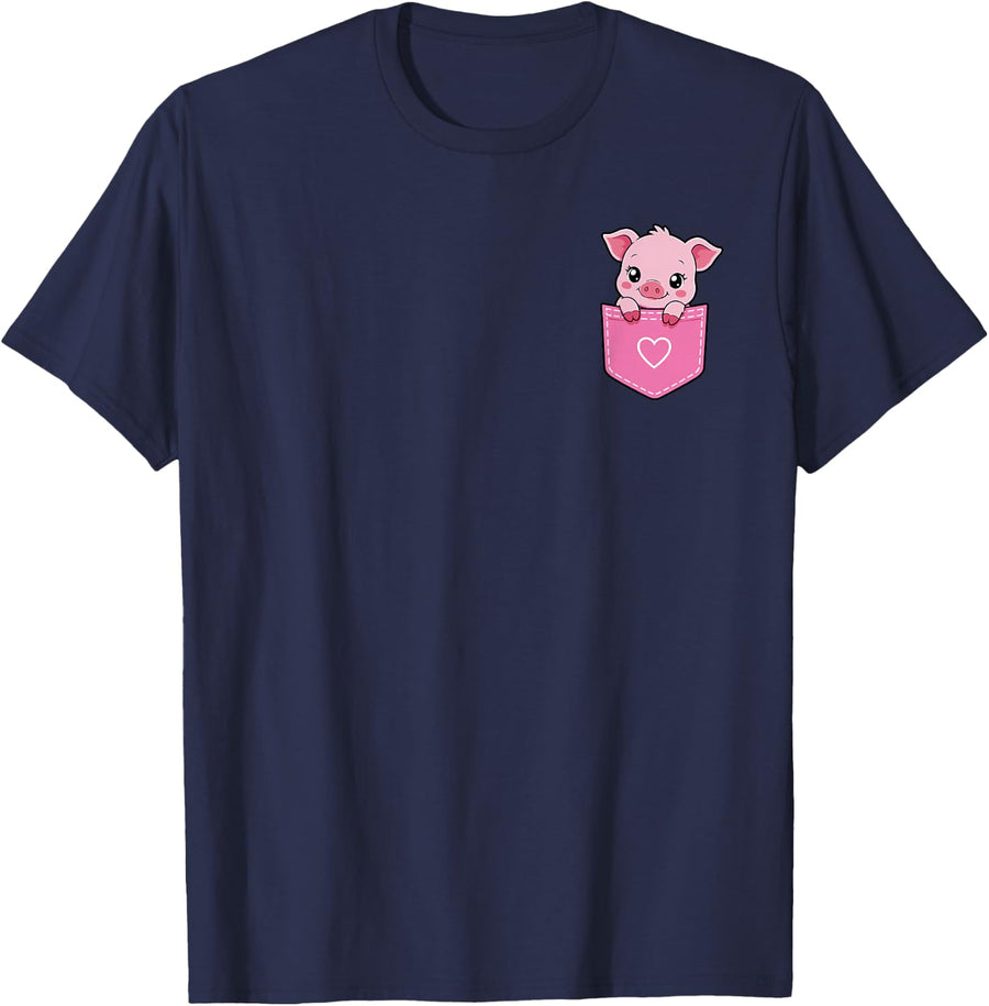 Pocket Pig Cute Farm Animal Art T-Shirt - Navy Blue