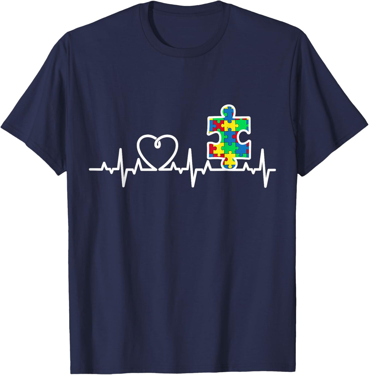 Heart Puzzle Piece Heartbeat Cool Autism Awareness Gift T-Shirt - Navy Blue