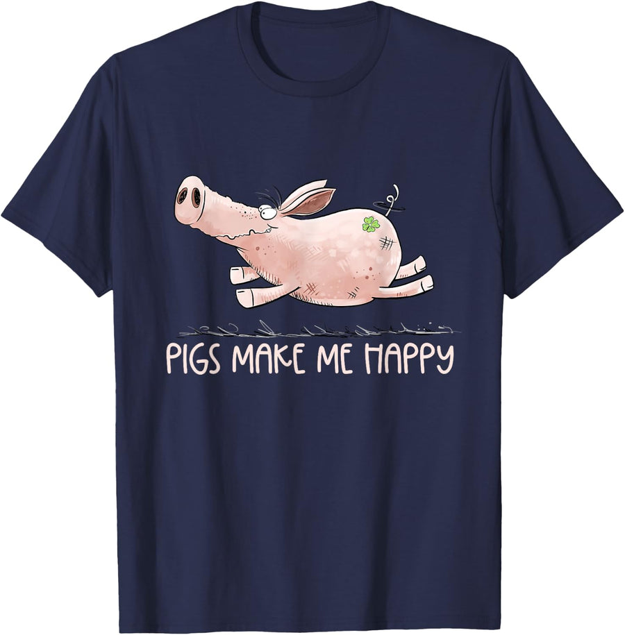 Funny Pig Lover Happy Pink Pig Farm Animal Cartoon T-Shirt - Navy Blue