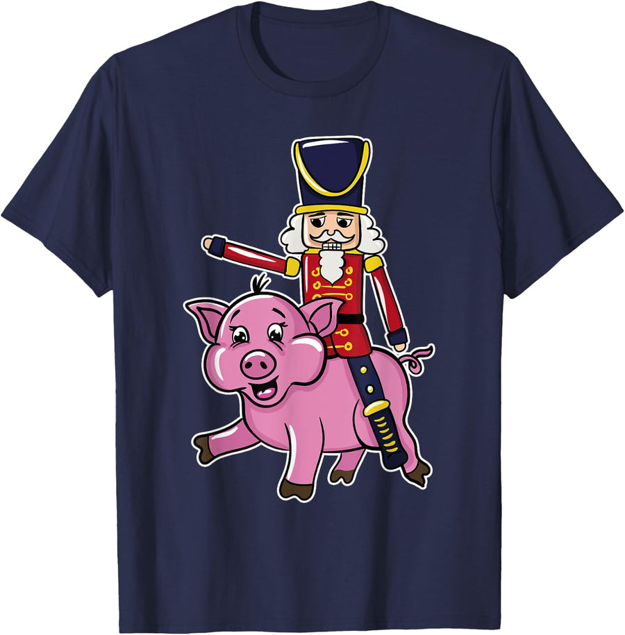 Funny Nutcracker Doll Riding Pig Lover Gift Christmas Gifts T-Shirt - Navy Blue