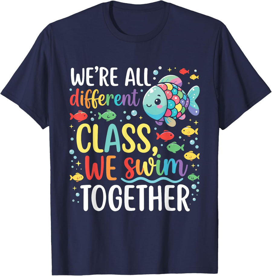 Different Class We Swim Together Autism Fish Kids T-Shirt - Navy Blue