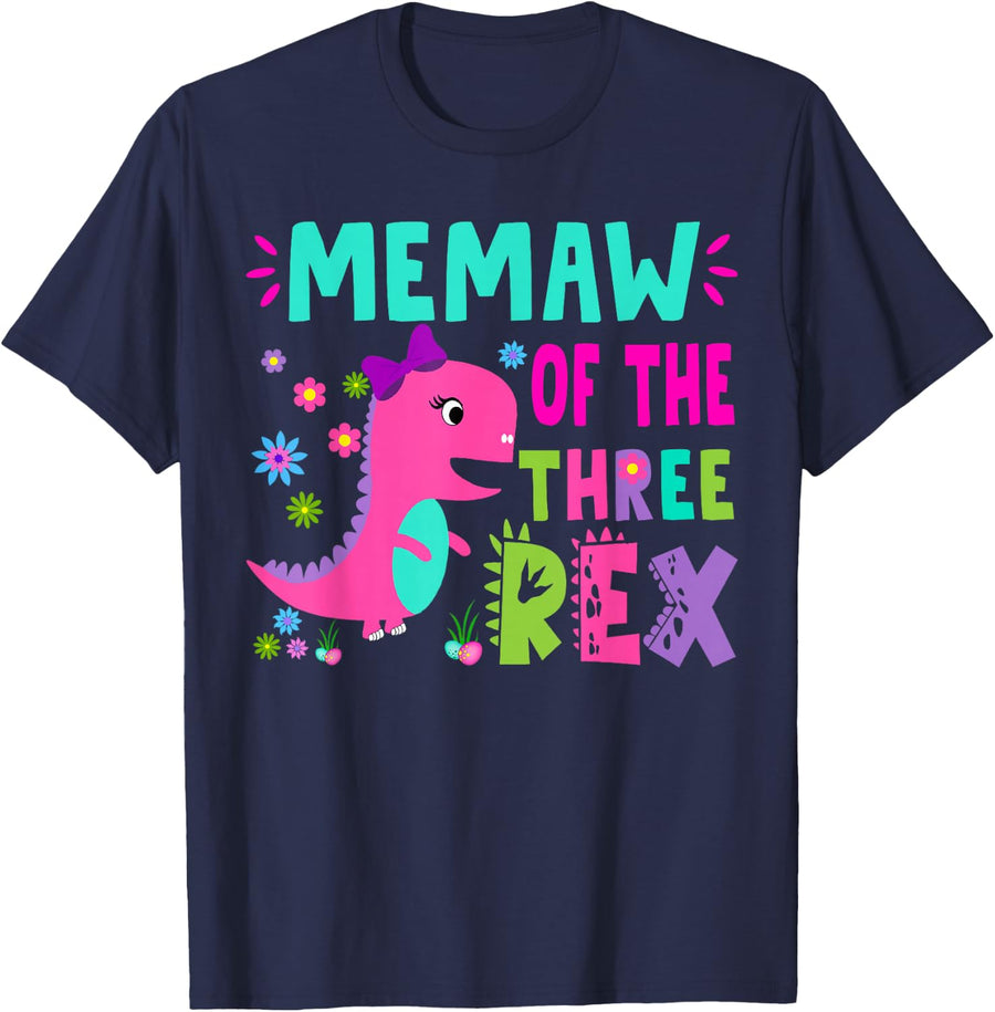 Memaw of the THREE rex T-Rex Dinosaur Birthday Family T-Shirt - Navy Blue
