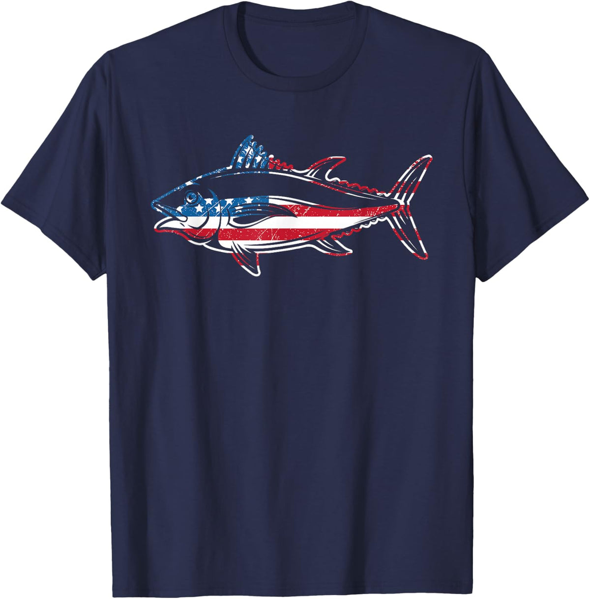 Tuna Fishing American Flag Giant Bluefin Fish Fisherman T-Shirt Tees - Navy Blue
