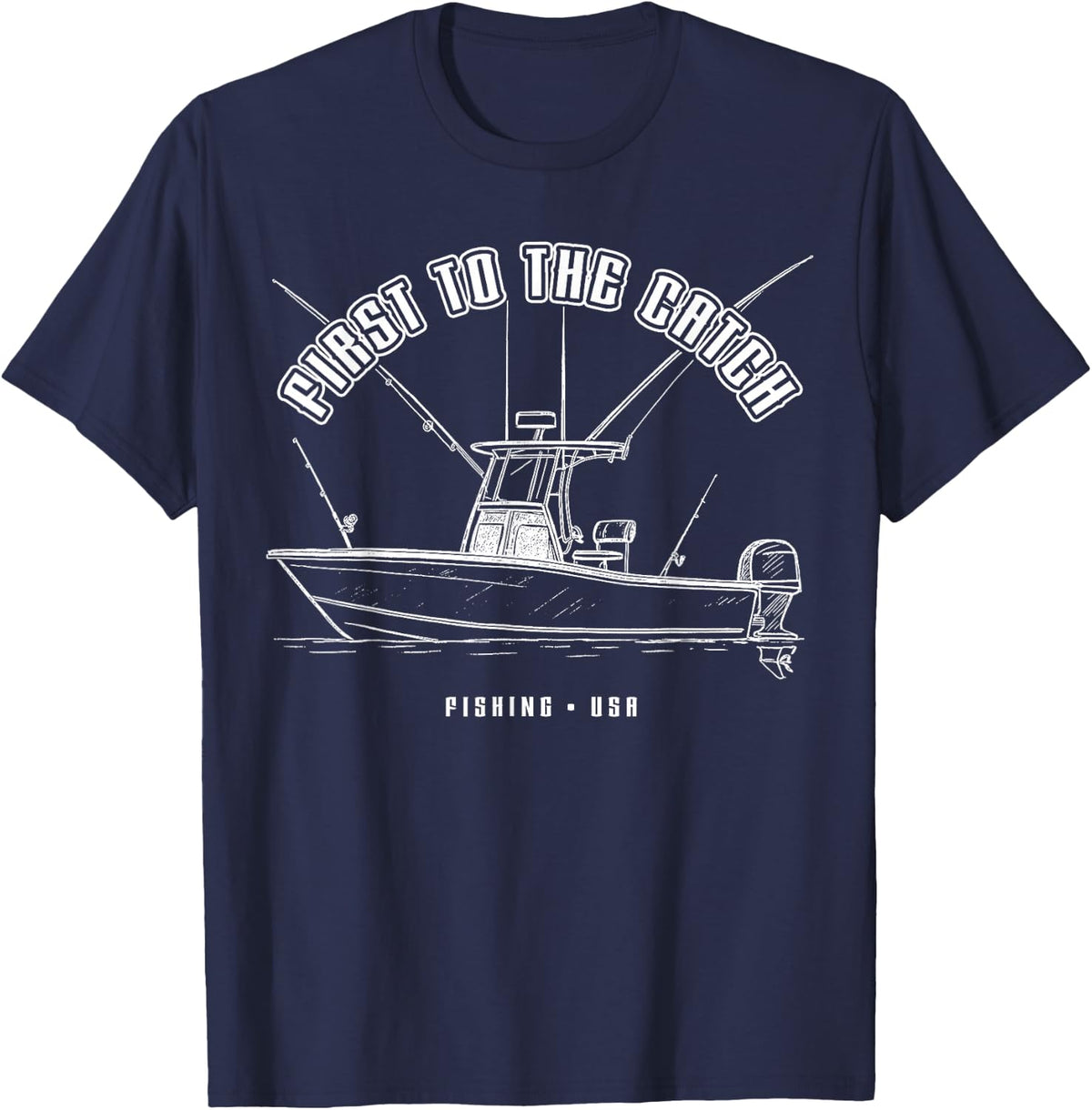 Ocean Sport Anglers First to Catch Fish Saltwater Fishing T-Shirt - Navy Blue