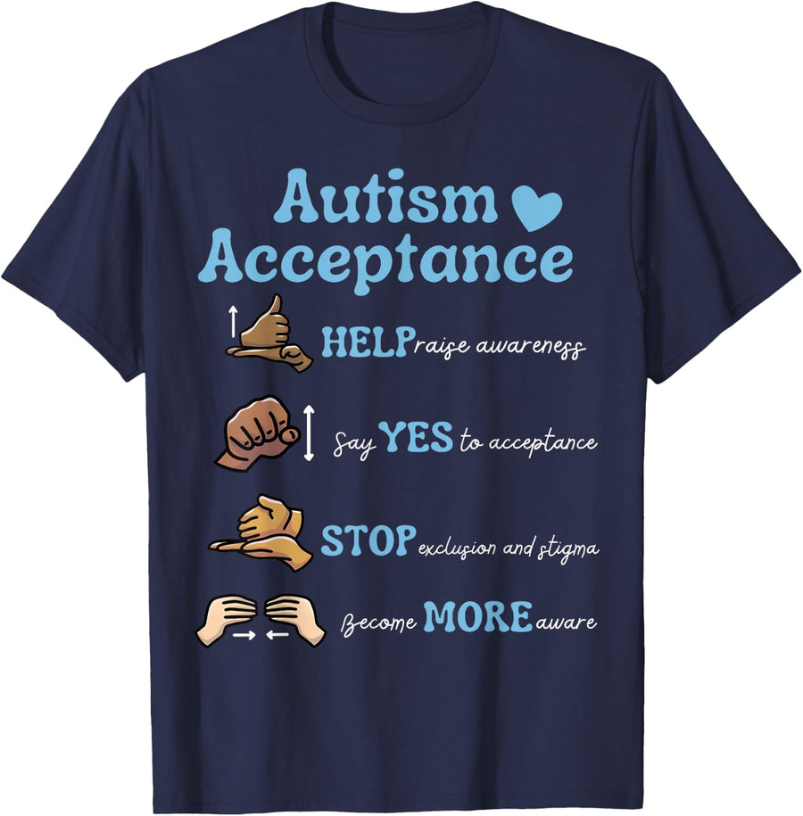 Autism Awareness Acceptance Hand Sign Language T-Shirt Tee for SPED Teachers - Navy Blue