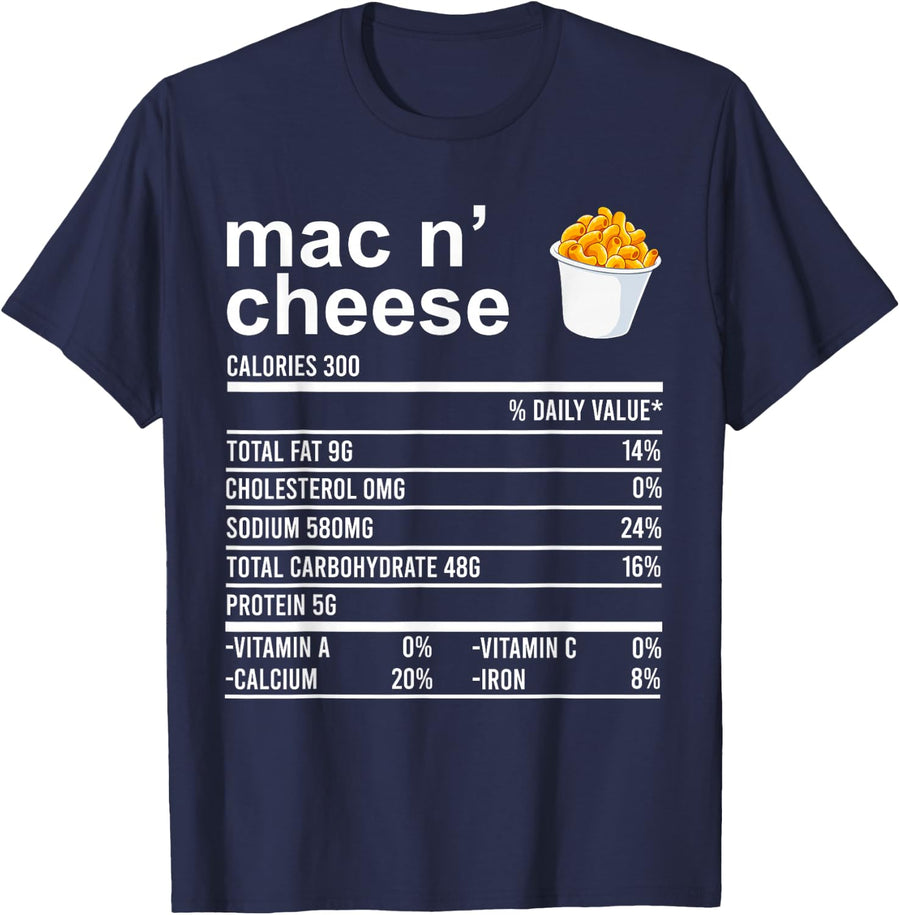 Funny Thanksgiving Food Apparel, Mac N'Cheese Nutrition Fact T-Shirt - Navy Blue