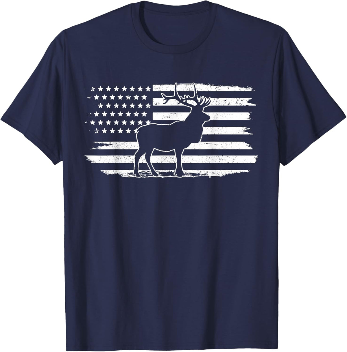 Elk American Flag Buck Deer Hunting Patriotic Hunter Gift T-Shirt - Navy Blue