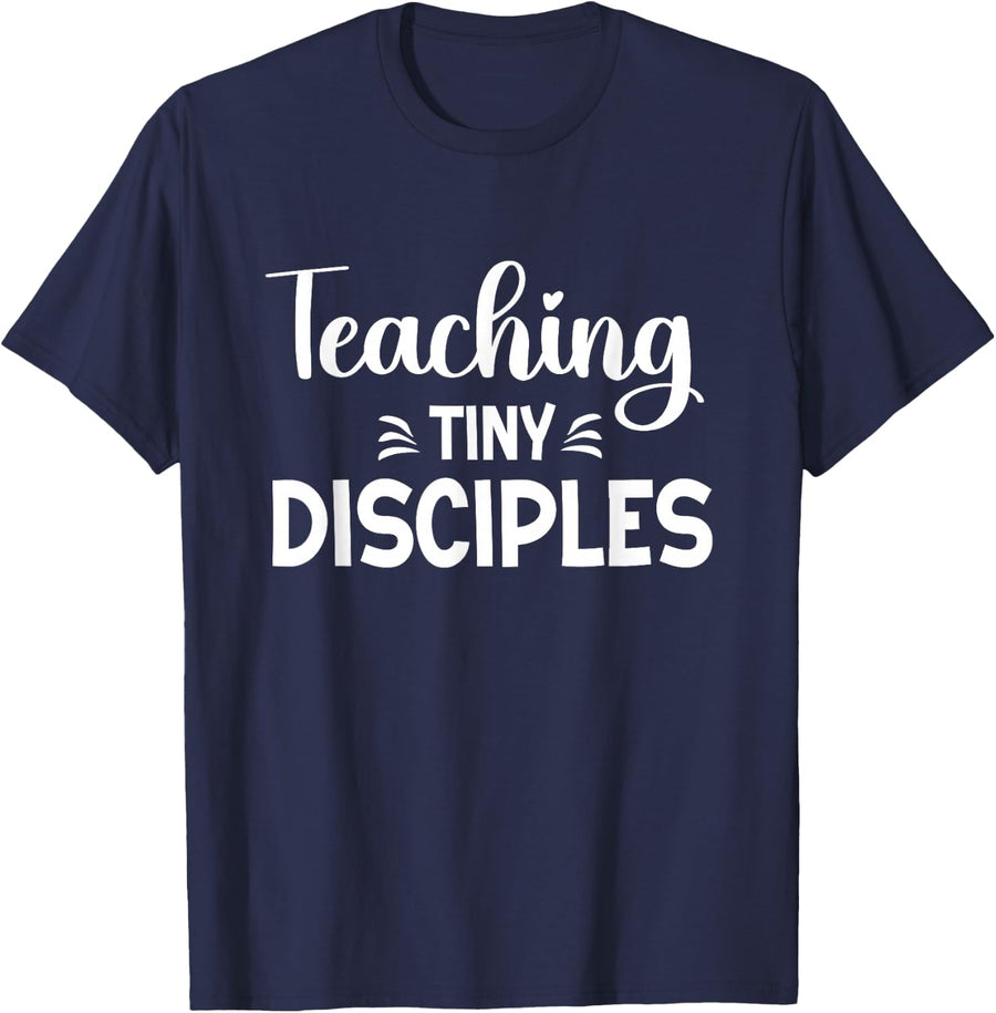 Retro Groovy Teaching Tiny Disciples Christian Mom Women's Black Small V-Neck Short Sleeve Cotton Blend Christian Teacher