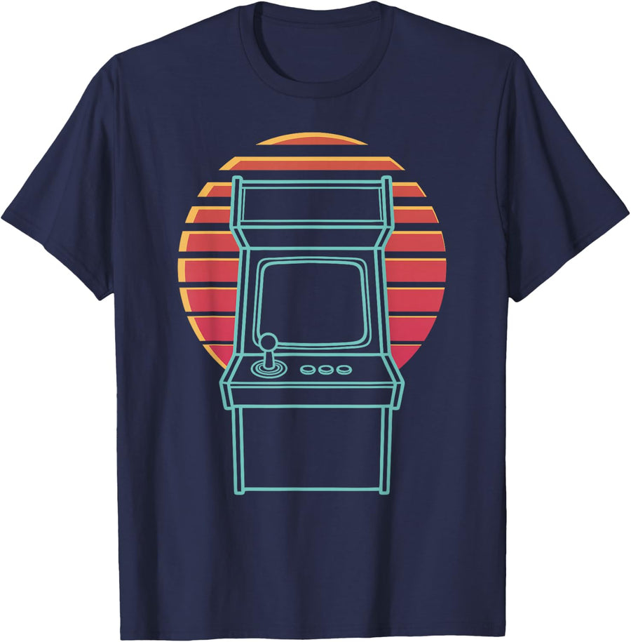 Arcade Video Game Machine Gaming Retro Synthwave 80s Gamer Tee T-Shirt - Navy Blue
