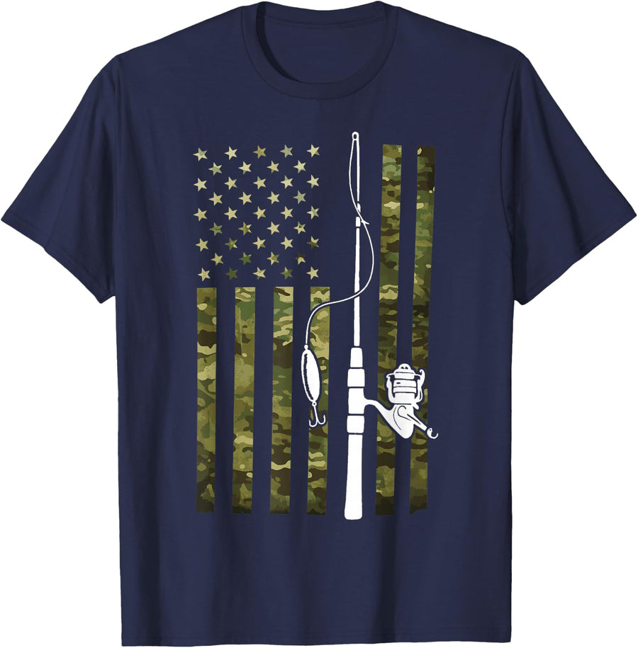 Fishing Rod USA Flag Fishing America Bass Fishing Fisher T-Shirt - Navy Blue
