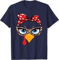 Girls Thanksgiving Turkey Face Leopard Glasses Women Turkey T-Shirt - Navy Blue