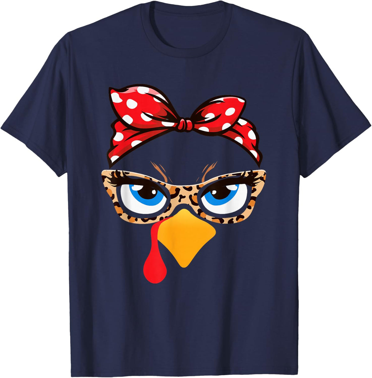 Girls Thanksgiving Turkey Face Leopard Glasses Women Turkey T-Shirt - Navy Blue