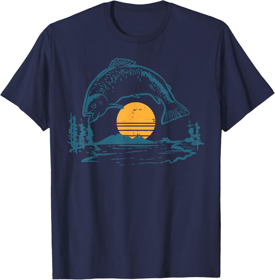 Bass Fish Sunset Moon Vintage Fishing Fisherman Angler Gift T-Shirt - Navy Blue