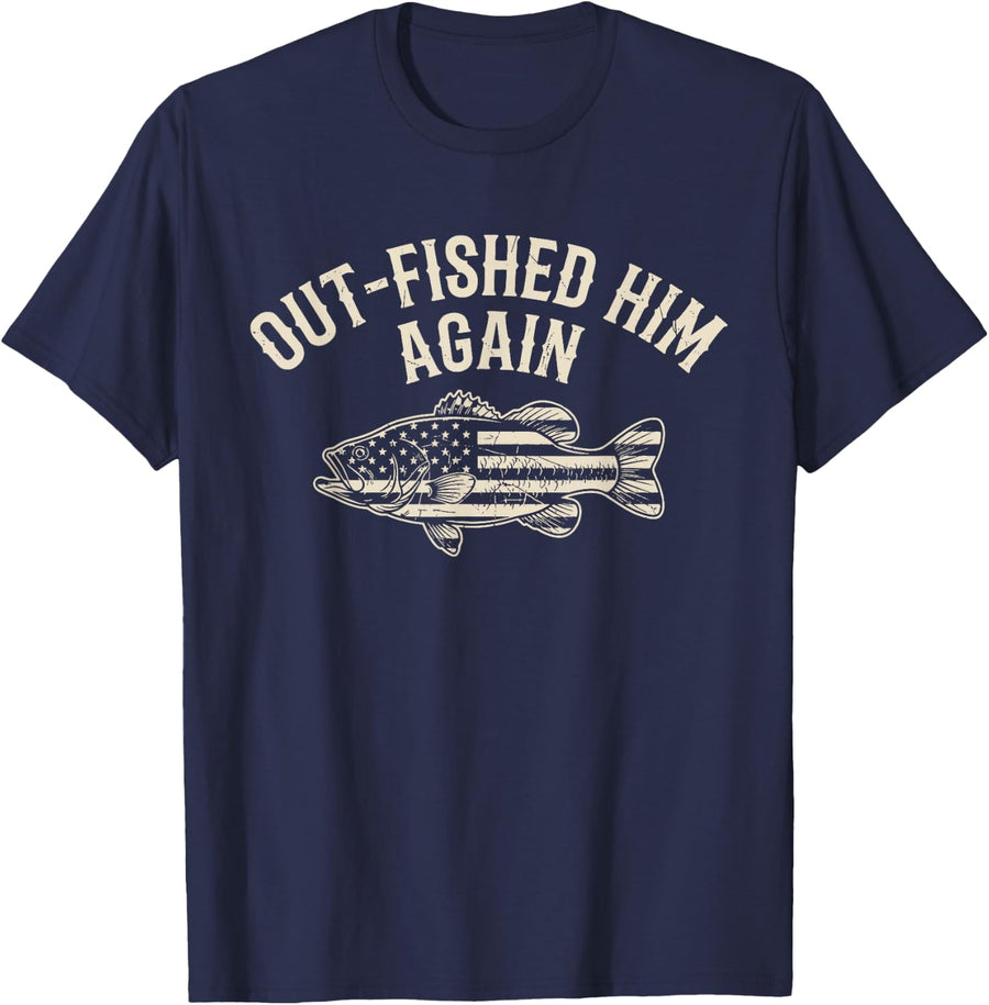 Out-Fished Him Again Funny Bass Fishing Fisherman T-Shirt - Navy Blue