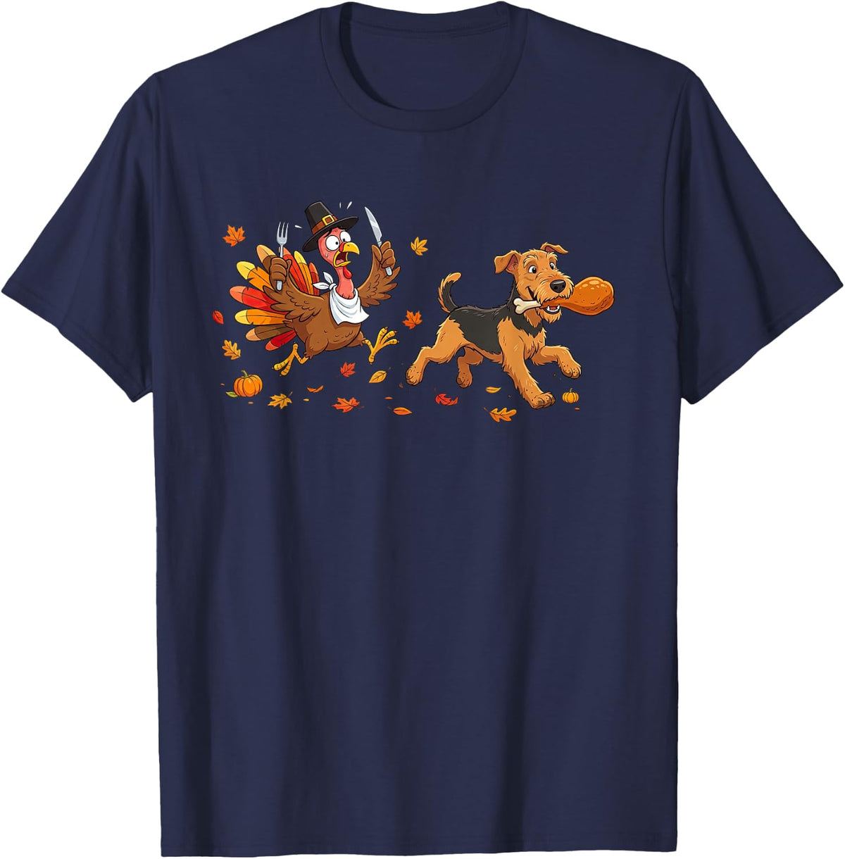 Thanksgiving Turkey Airedale Terrier Autumn Womens Mens Kids T-Shirt - Navy Blue