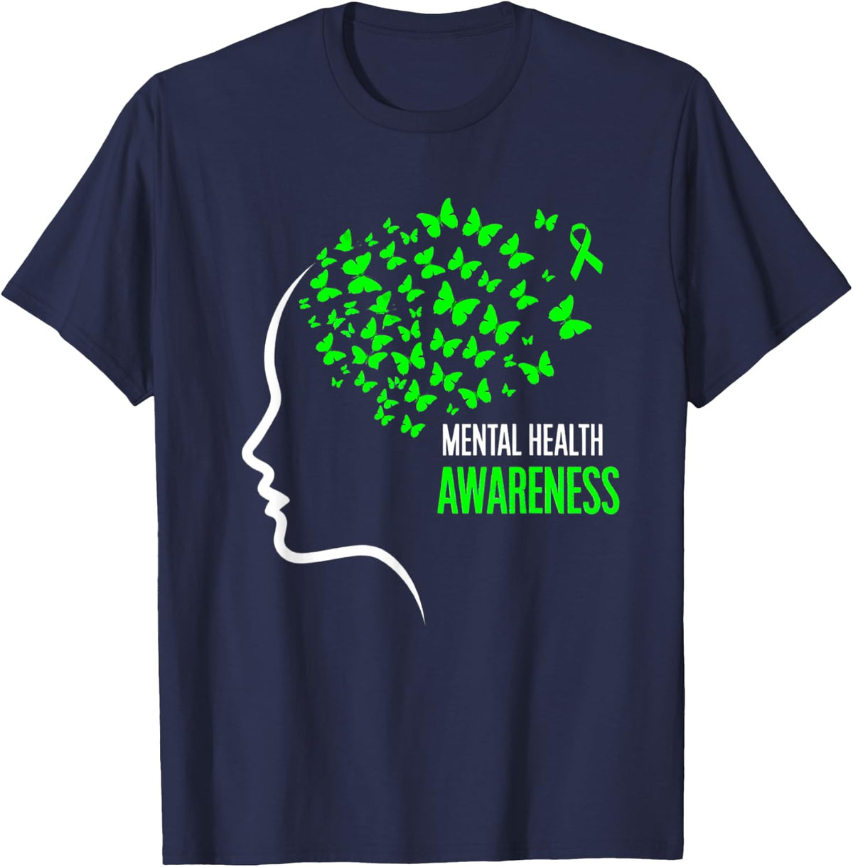 Green Butterfly Mental Health Awareness Ribbon T-Shirt - Navy Blue