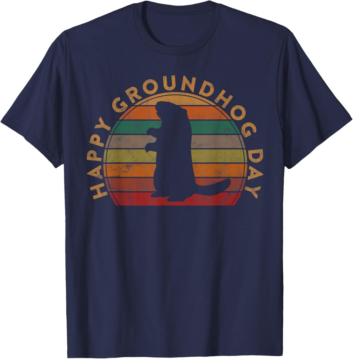 Retro Happy Groundhog Day Sunset Gift Ground Hog Silhouette T-Shirt - Navy Blue