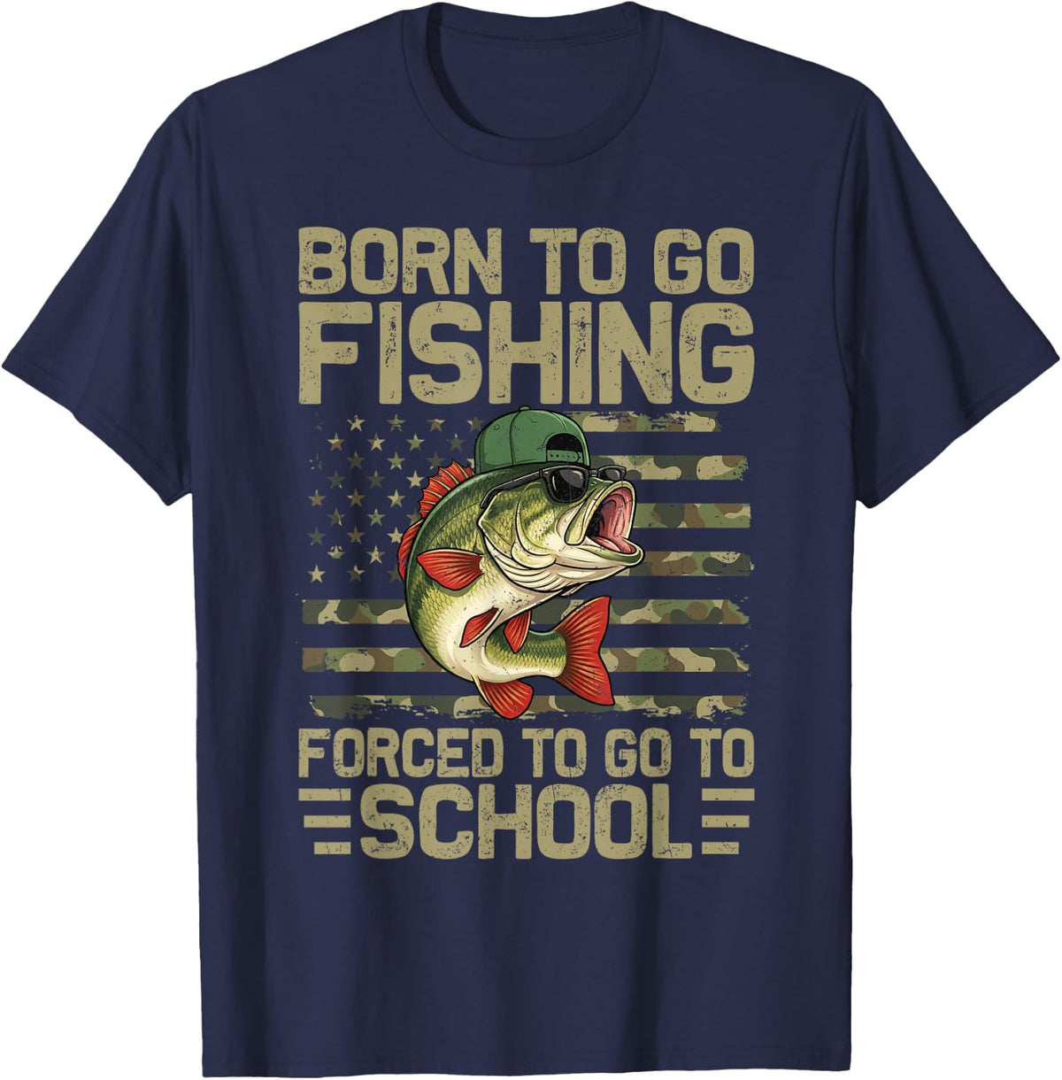 Born to Go Fishing Bass Fish Funny Fisherman T-Shirt for Boys Kids Men - Navy Blue