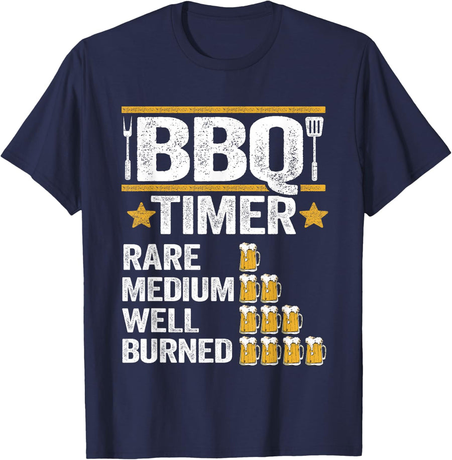 BBQ Timer Grilling Barbecue Smoking Meat Funny Pig Pork Rub T-Shirt - Navy Blue