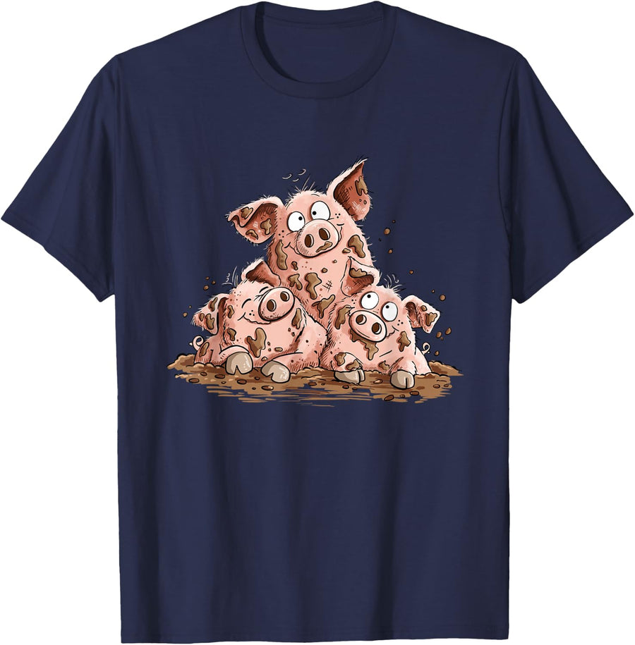 Three Funny Pigs in Mud I Farm Animal Country Humor Pig T-Shirt - Navy Blue