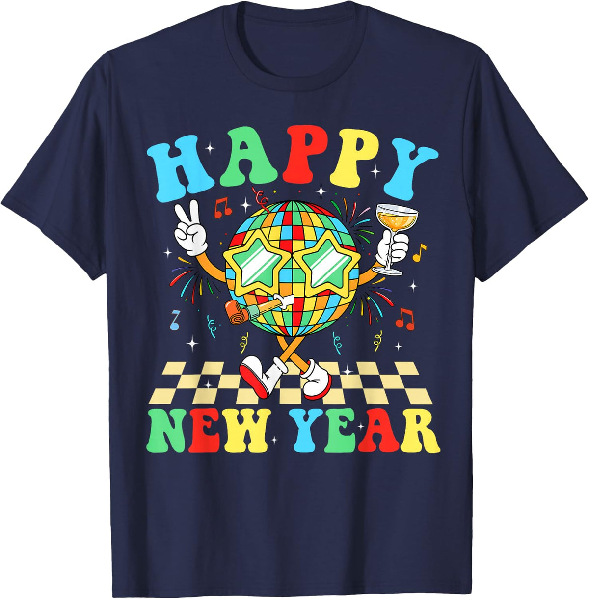 Happy New Year Disco Ball Party Checkered Men Women T-Shirt - Navy Blue
