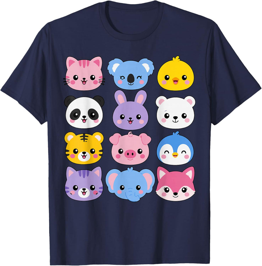 Cute Animal Faces Colorful Grid T-Shirt - Navy Blue