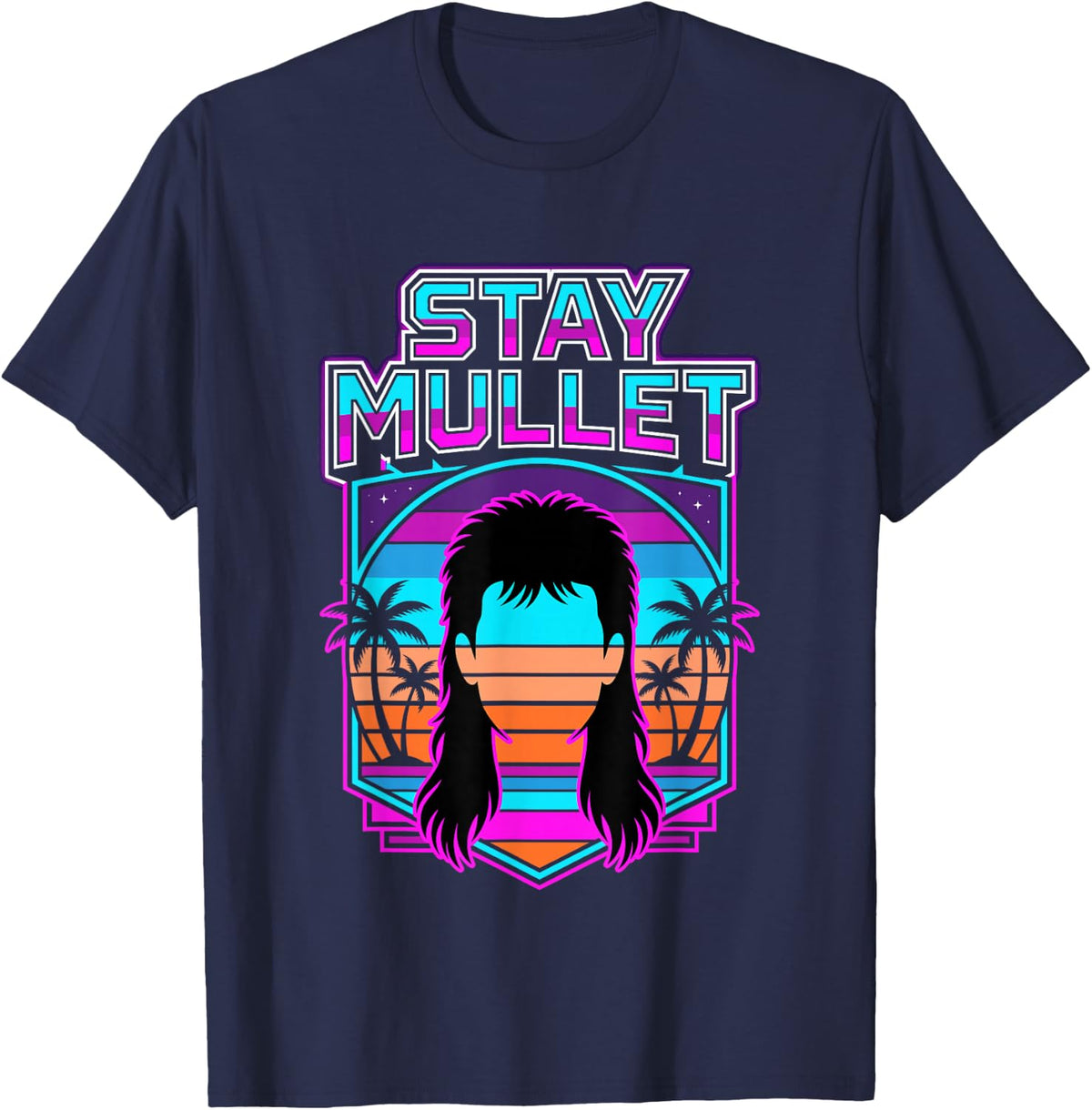 Stay Mullet Retro Synthwave T-Shirt - Navy Blue