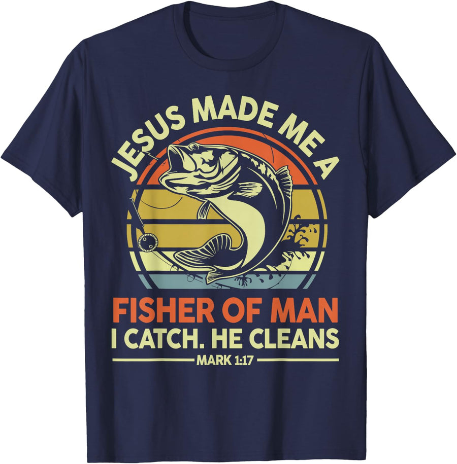 Jesus Made Fisher Men Bass Fishing Christian Funny Fishing Tee T-Shirt for Men and Women - Navy Blue