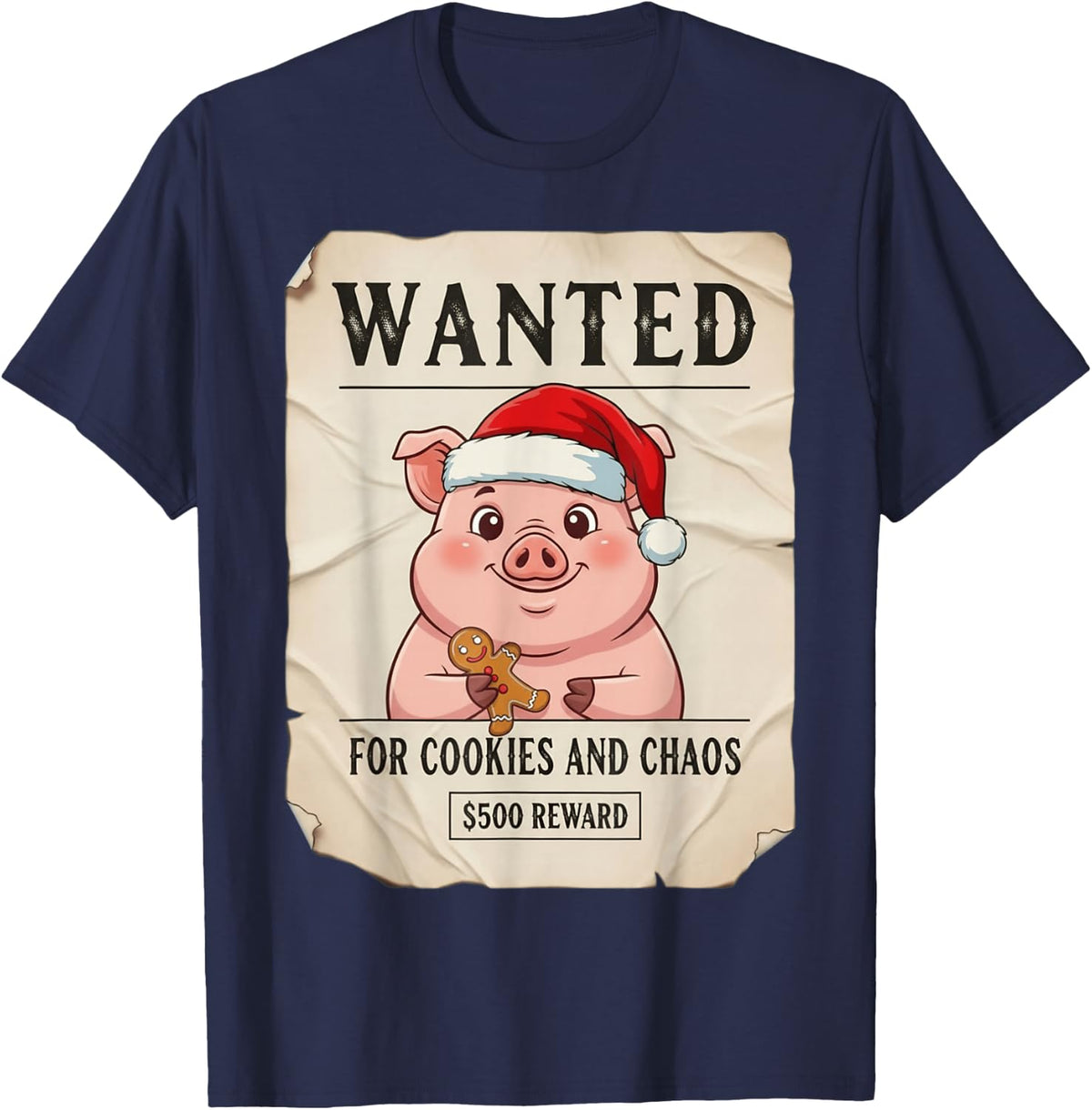 Wanted for Cookies and Chaos Funny Pig Christmas Pajama T-Shirt - Navy Blue