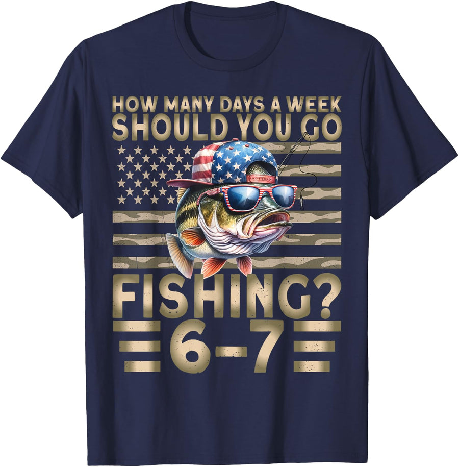 Fishing Boy USA Flag Bass Fish Six Seven Patriotic 67 T-Shirt - Navy Blue