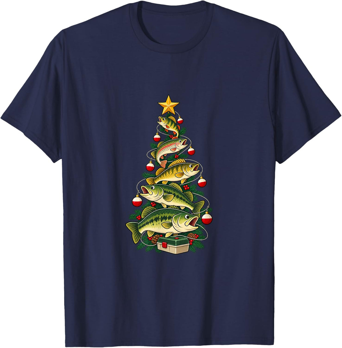 Bass Fishing Christmas Tree for Anglers and Fishing Friends T-Shirt - Navy Blue