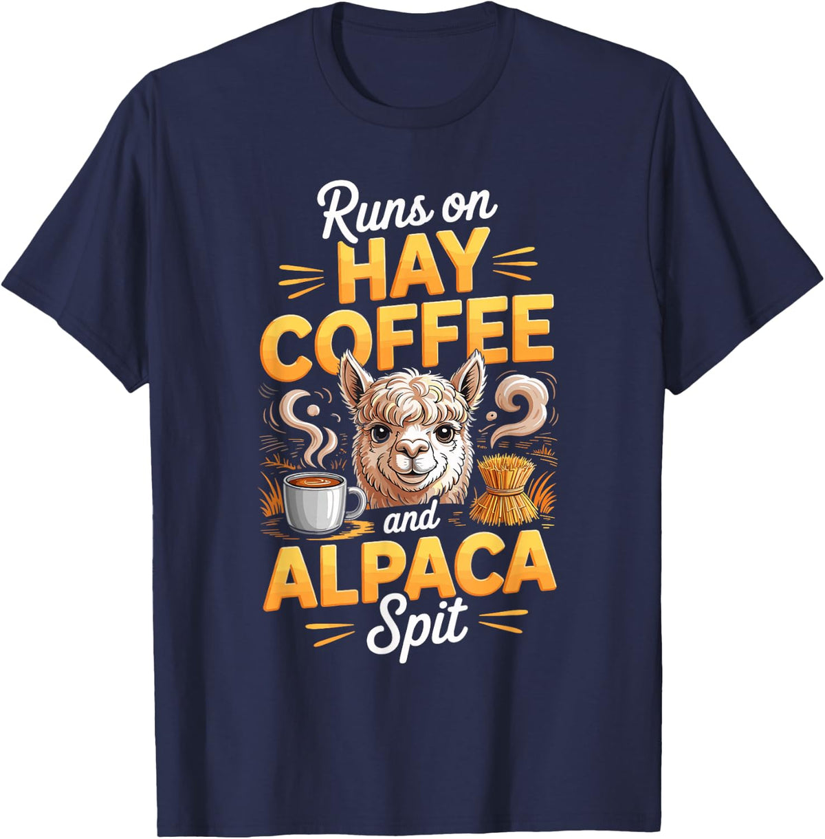 Runs On Hay Coffee and Alpaca Spit Alpaca T-Shirt - Navy Blue