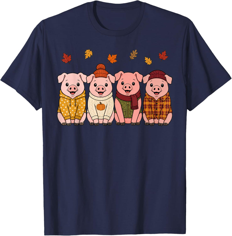 Pig Fall Autumn Season Pumpkin Farm Animal T-Shirt - Navy Blue