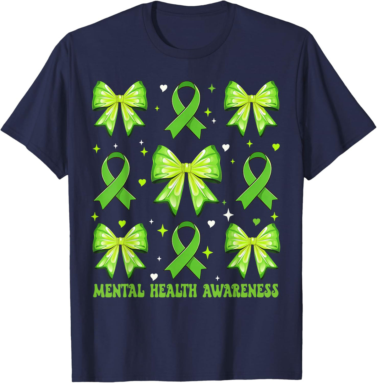 Green Coquette Bow Mental Health Awareness Women Kids Girls T-Shirt - Navy Blue