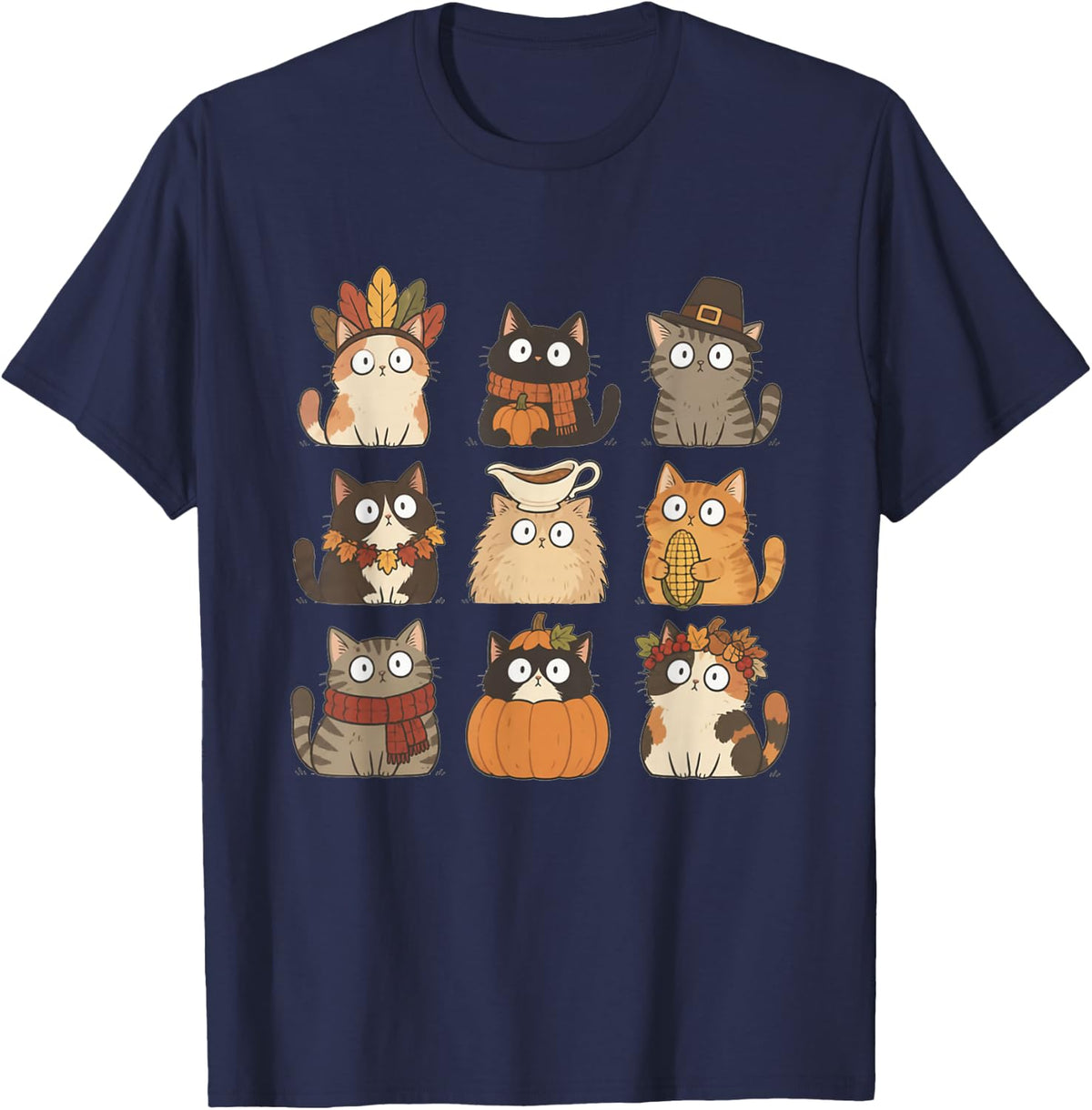 Thanksgiving Cats Cute Pumpkin Cat Funny Turkey Day Kitty T-Shirt - Navy Blue