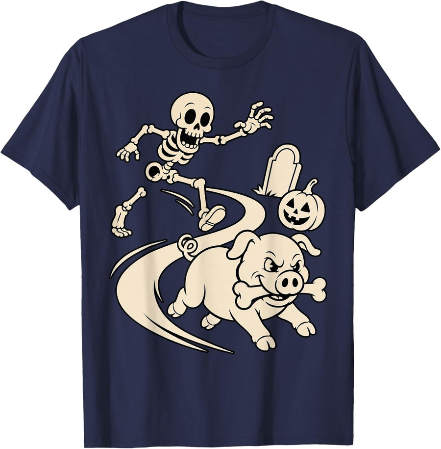 Halloween Pig Pet Bone Thief Skeleton Spooky Season T-Shirt - Navy Blue