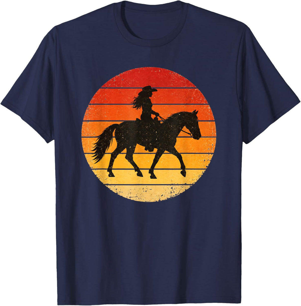 Cowgirl Horse Rodeo Howdy Western Retro Sunset Graphic T-Shirt - Navy Blue