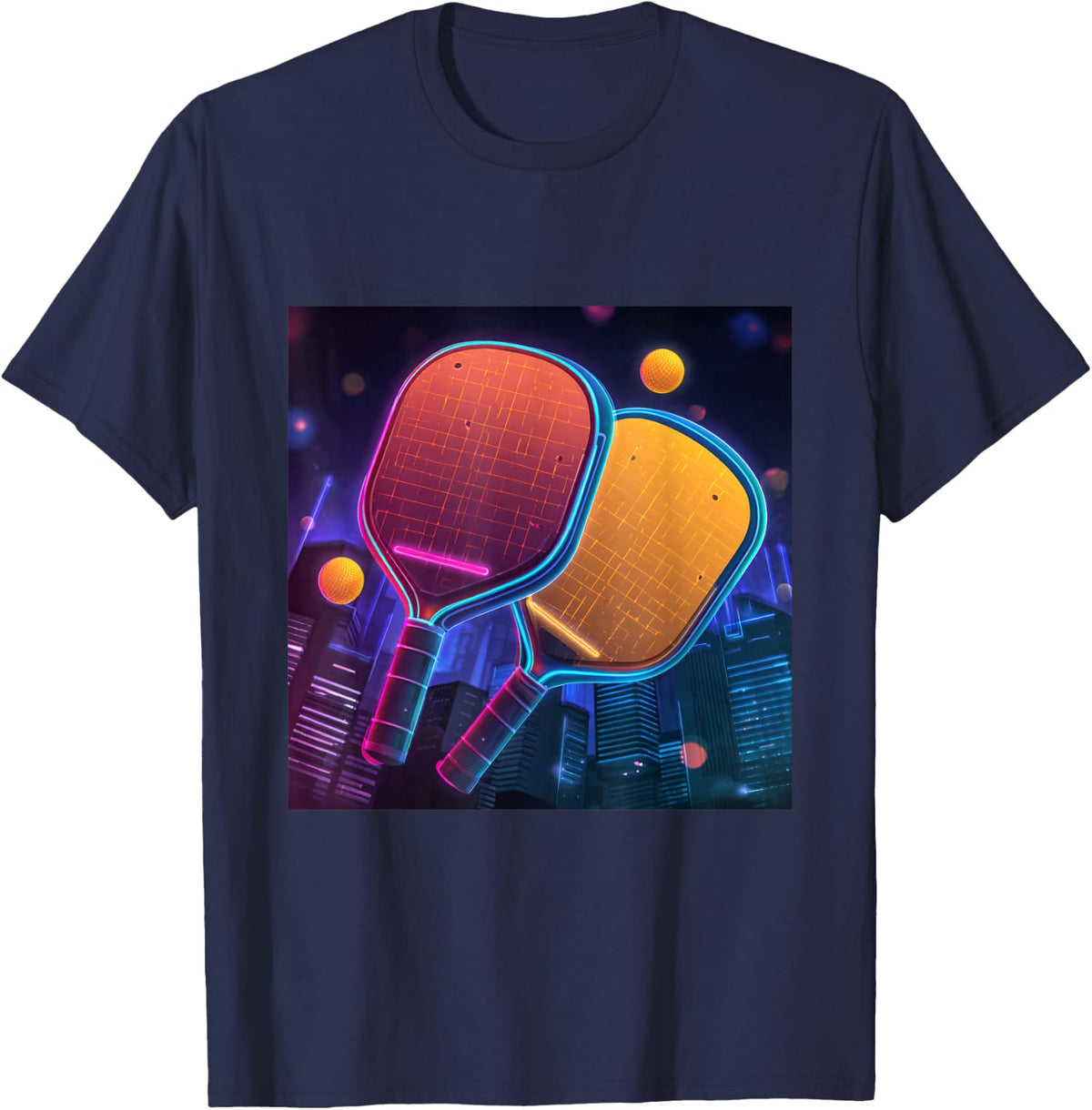 Pickleball Paddles Retro City Synthwave Sport T-Shirt - Navy Blue