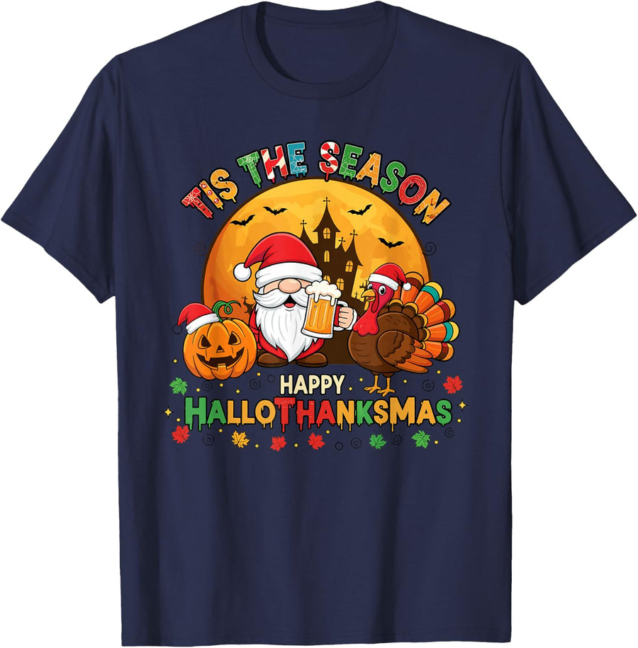 Tis The Season Happy Hallothanksmas Santa Gnome Turkey T-Shirt - Navy Blue