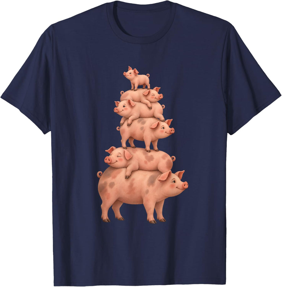 Cute Pig Family of Six Stack - Vintage Farm Animal Pigs T-Shirt - Navy Blue