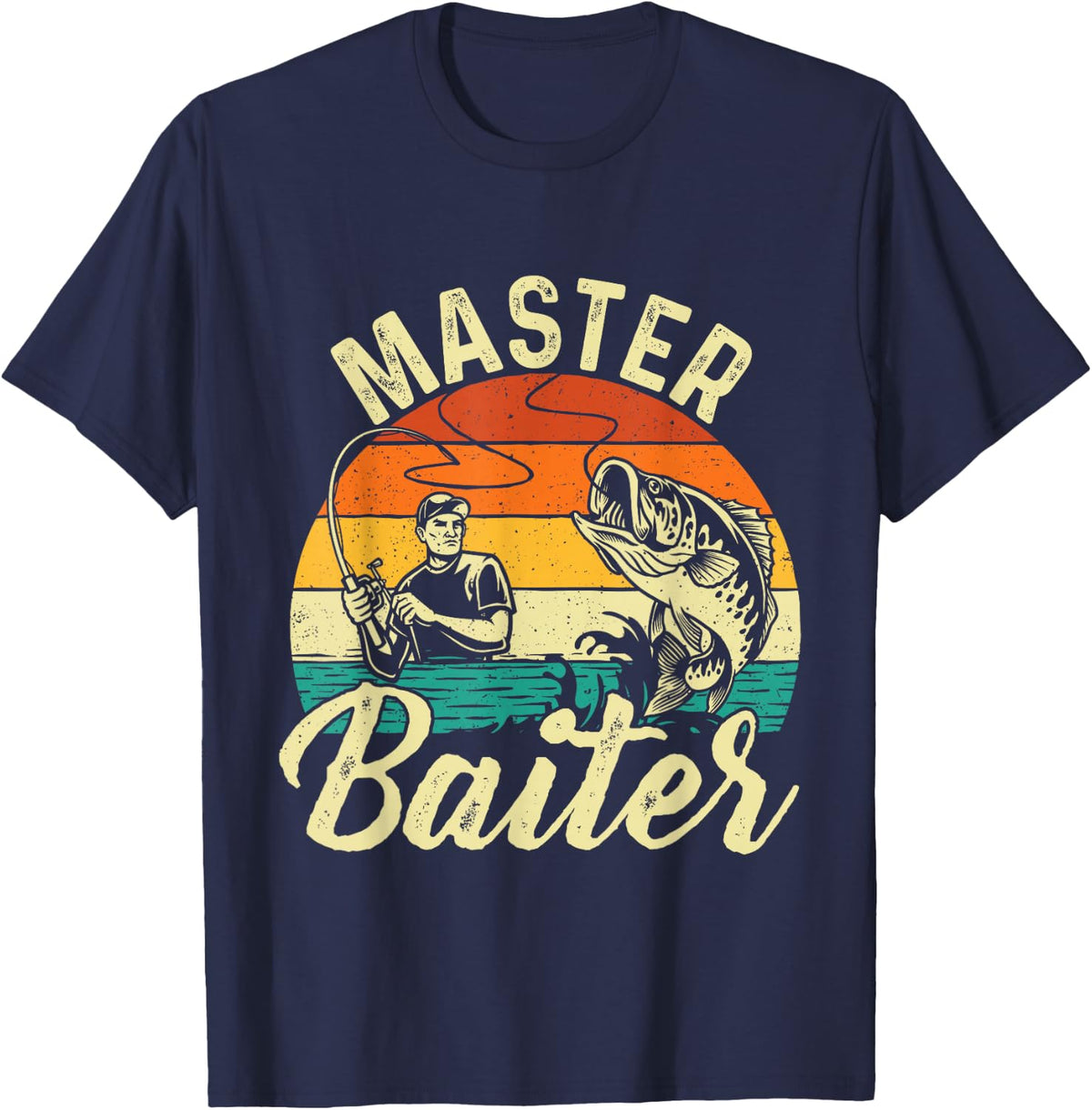 Master Baiter - Retro Sunset Fishing Fish Lover Fisherman T-Shirt - Navy Blue