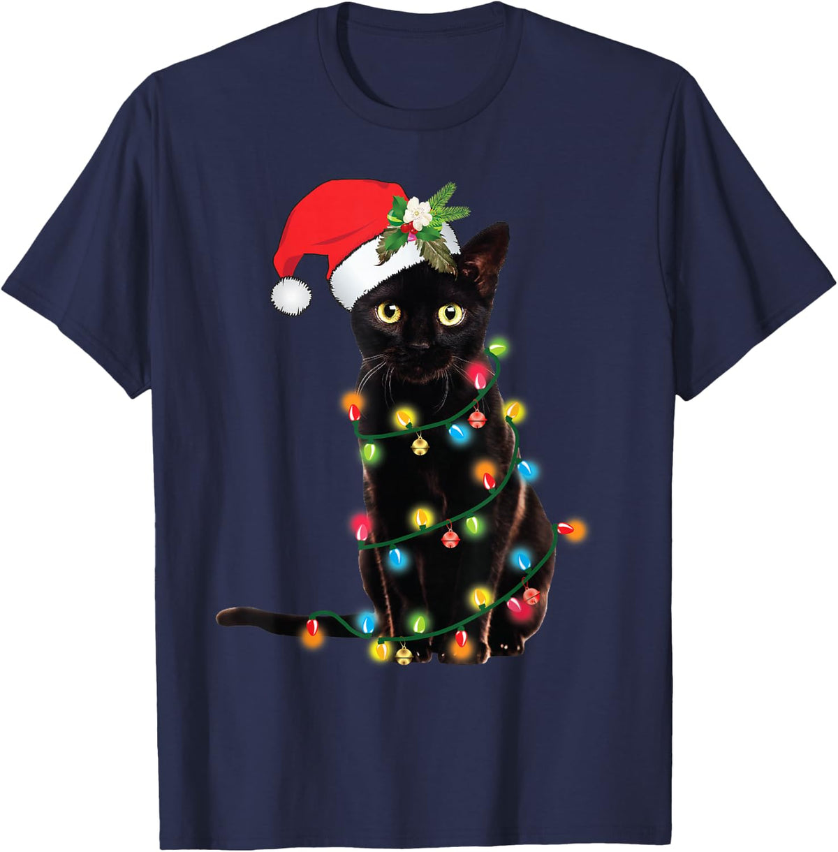 Santa Black Cat Tangled Up in Christmas Tree Lights Holiday T-Shirt - Navy Blue