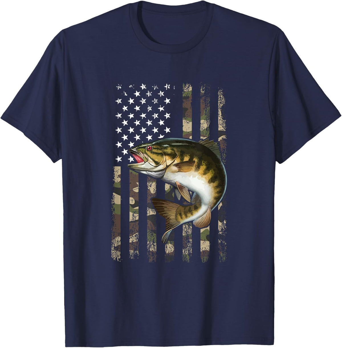 Smallmouth Bass American Flag T-Shirt Tee for Fishing Enthusiasts Men Women - Navy Blue