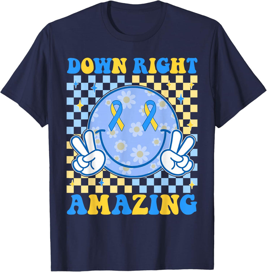 Down Right Amazing World Down Syndrome Awareness Tee T-Shirt Boys Girls Kids - Navy Blue