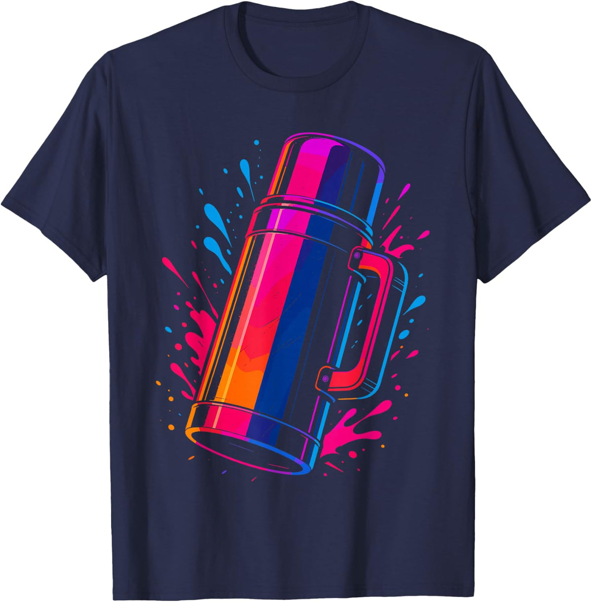 Retro Synthwave Thermos Flask Coffee Travel Bottle T-Shirt - Navy Blue