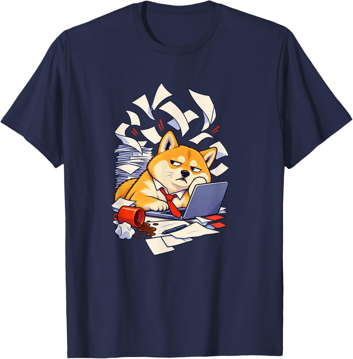 Shiba Inu at a Cluttered Laptop Desk T-Shirt - Navy Blue